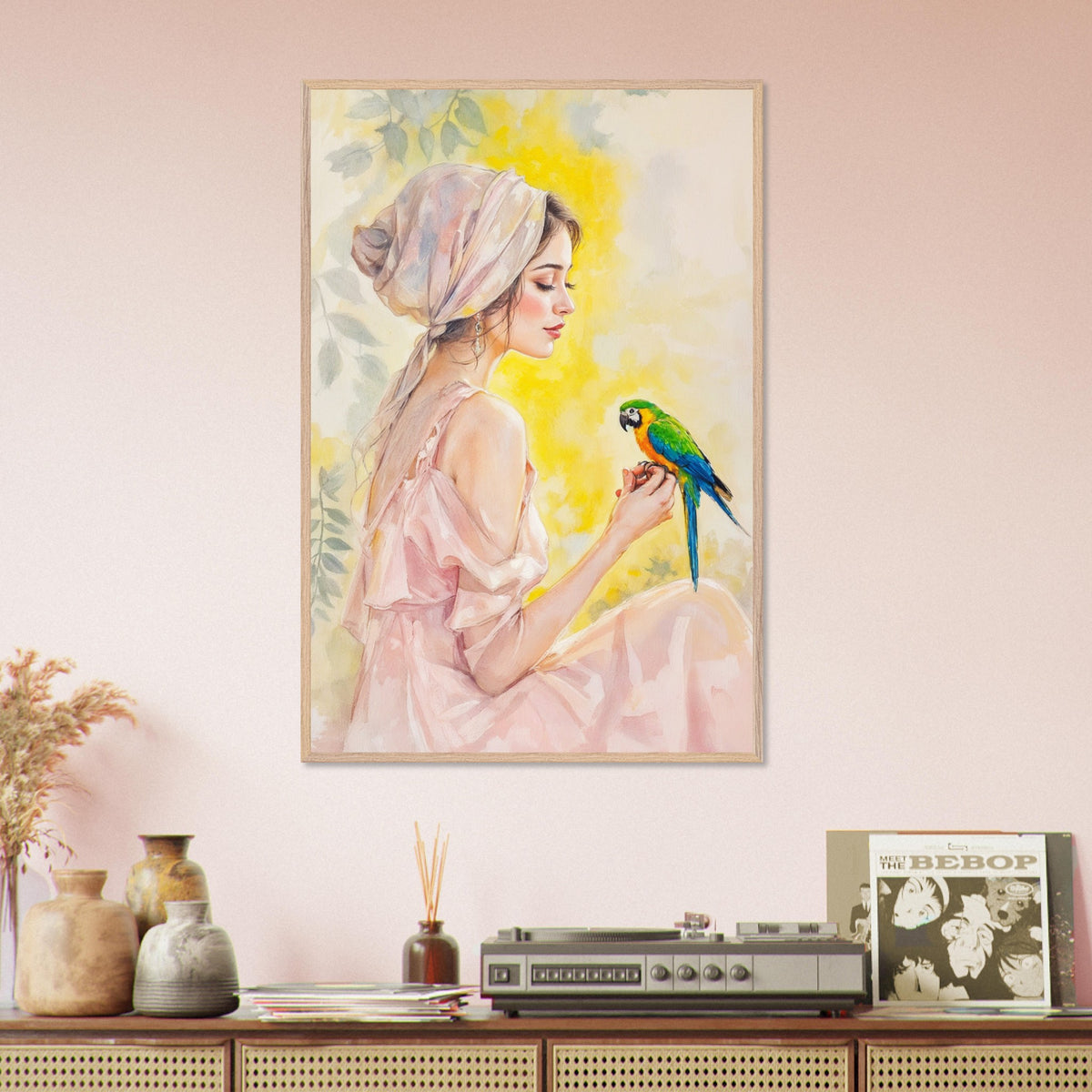 Grace in Bloom - Feminine Portrait with Tropical Flair - Wood frame - Framed Posters