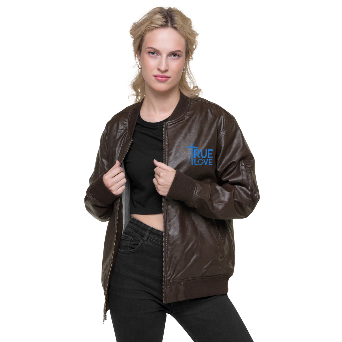 True Love Embodied - Embroidered Faux Leather Bomber Jacket - Brown -