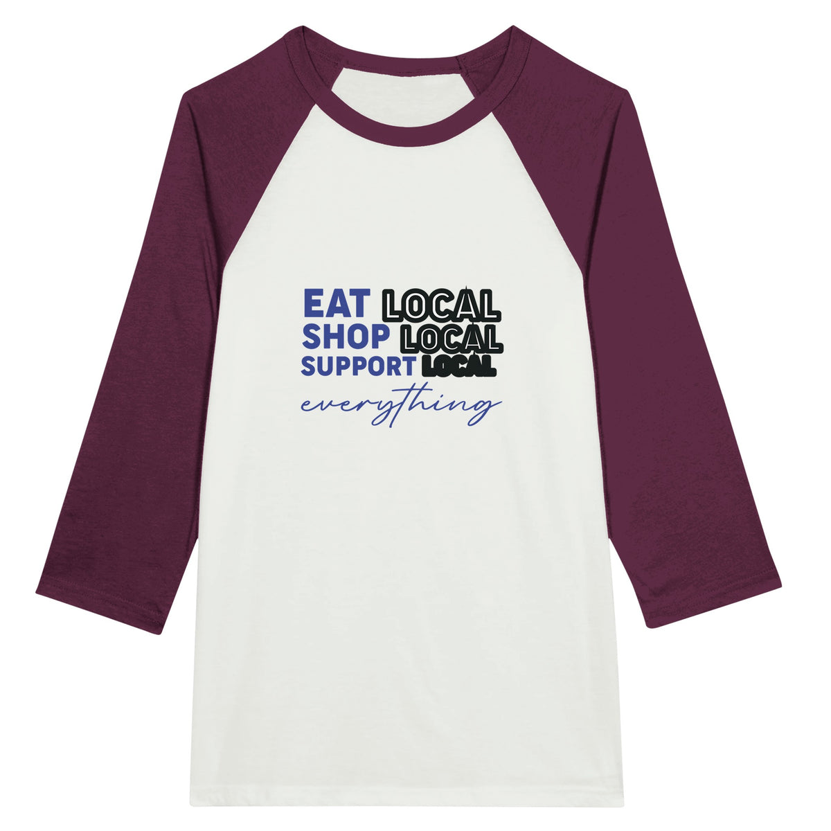 Support Local - Unisex 3/4 Sleeve Raglan Tee - White and Maroon -