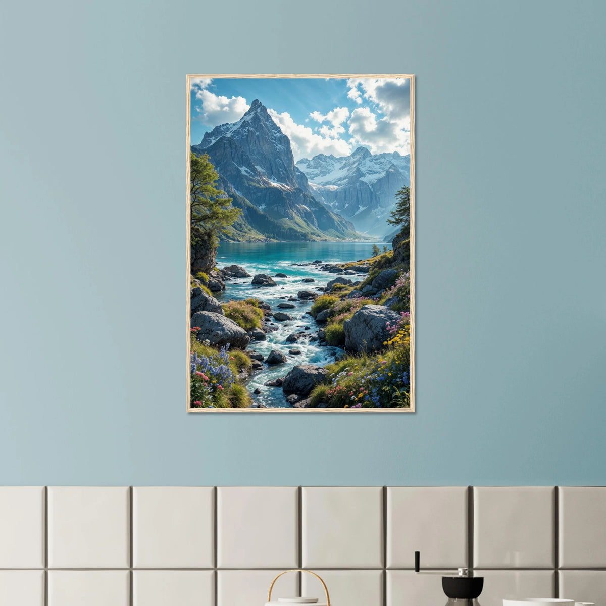 Gift Calm – Mountain River Landscape Poster for Home - Wood frame - Wooden Framed Posters