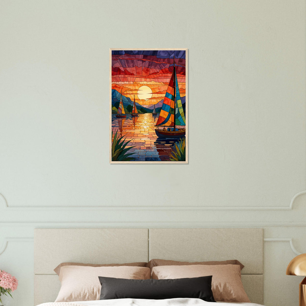 Sunset Sail - Stained Glass Boat Framed Print - Wood frame 40x60 cm 16x24″ - Wooden Framed Posters