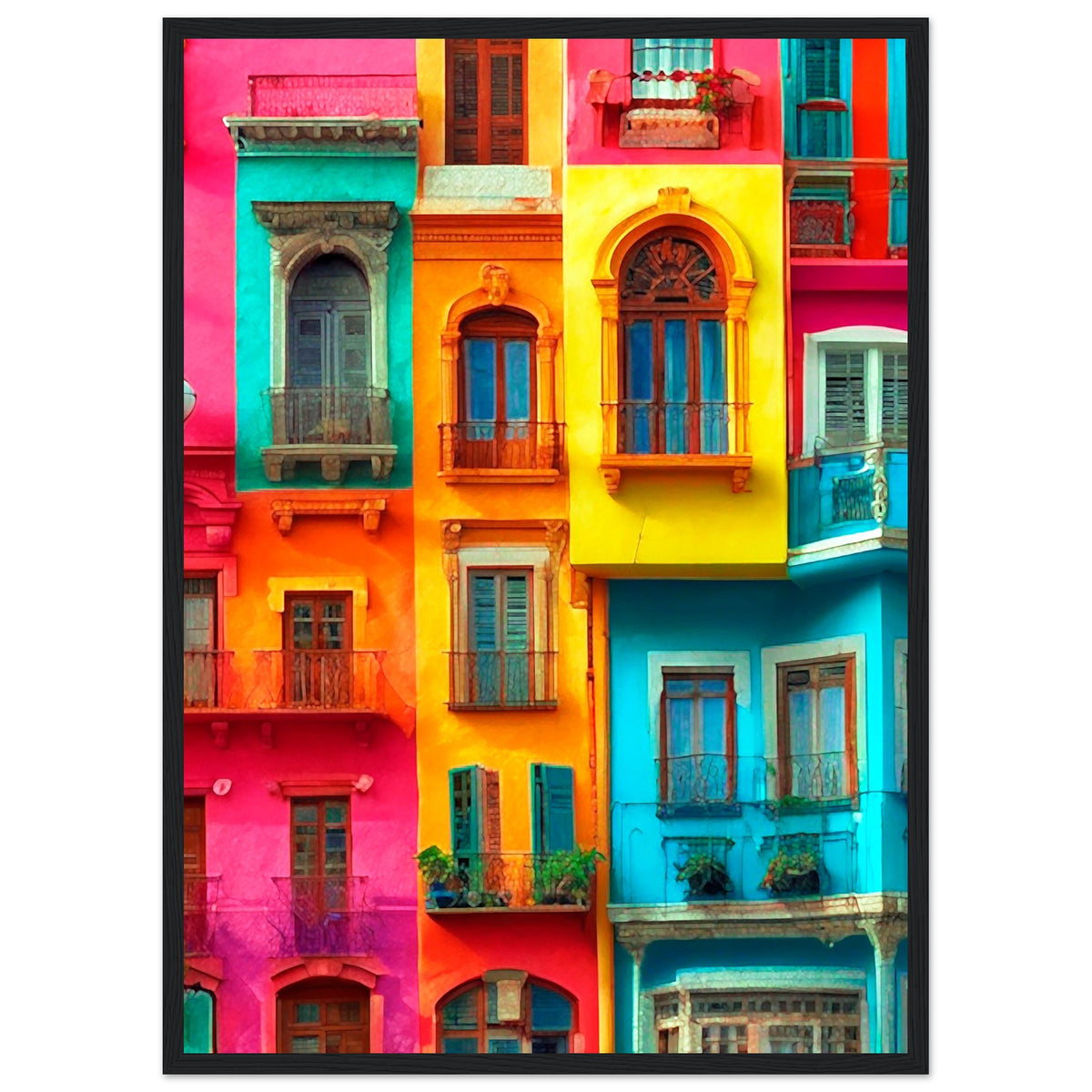 Vibrant Dreams - Colorful Cityscape Art - 50x70 cm 20x28″ Black frame - Wooden Framed Poster