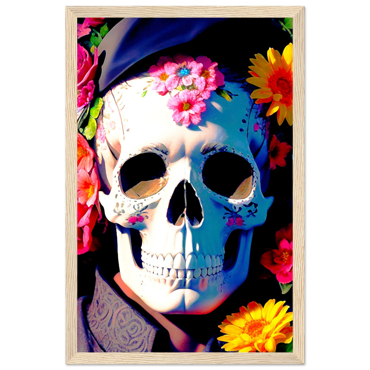 Mystical Bloom - Premium Floral Skull Poster - 28x43 cm XL (11x17″) Wood frame - Wooden Framed Posters