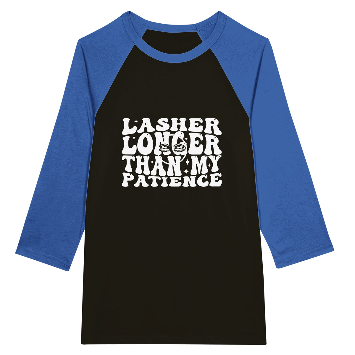 Patience & Lashes - Unisex 3/4 sleeve Raglan T-shirt - Black and True Royal -