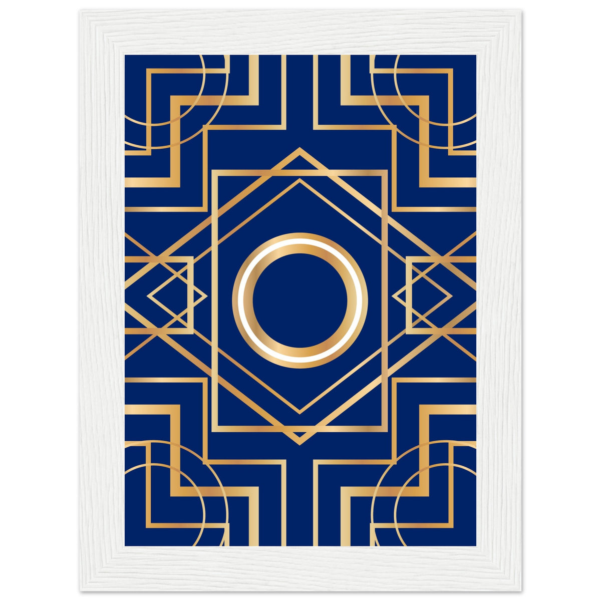 Art Deco Elegance - Blue & Gold Geometric Framed Print - 13x18 cm 5x7″ White frame - Wooden Framed Posters