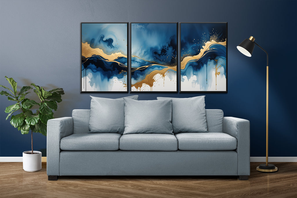 Abstract Azure Gold Panorama - 24x36 - Framed Posters