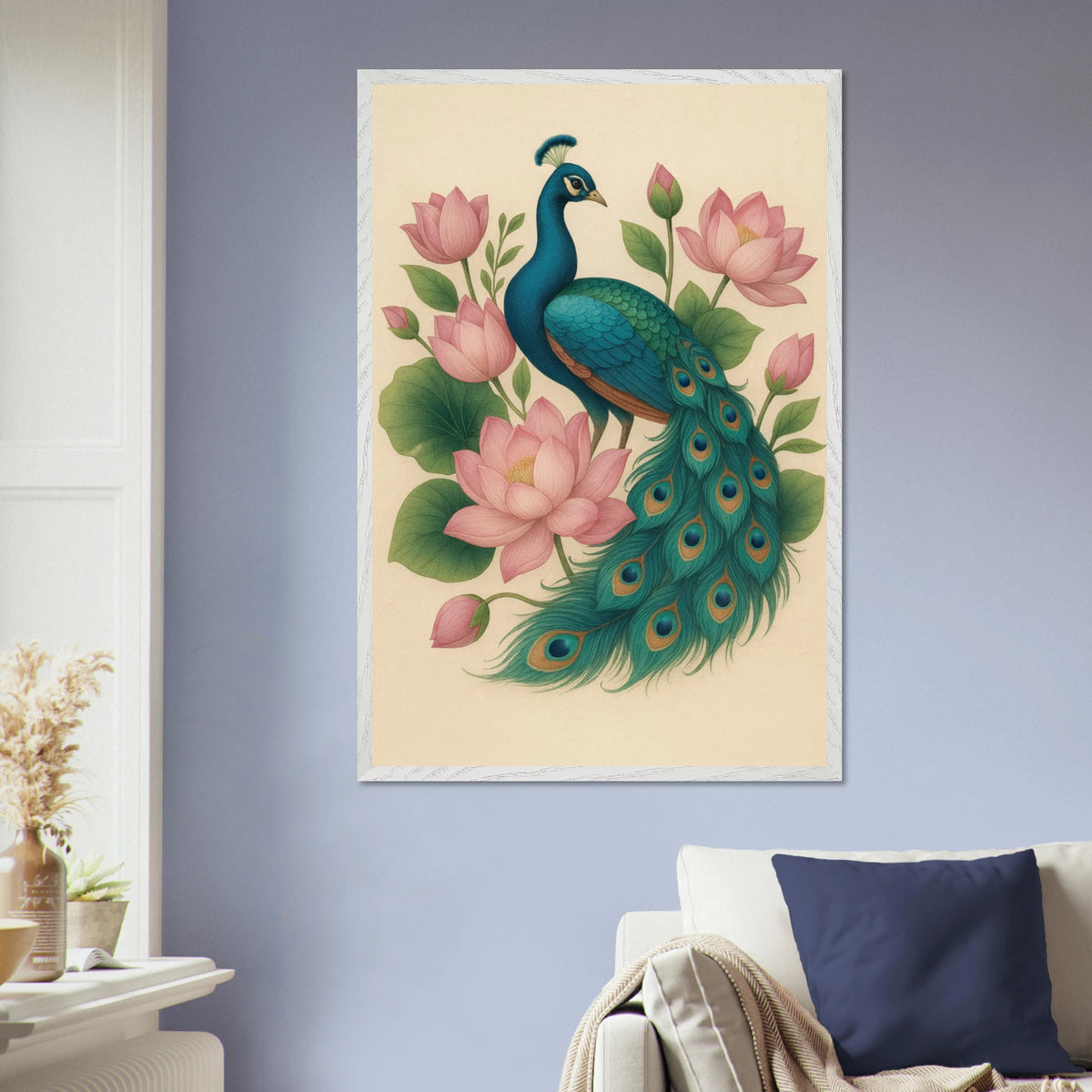 Peacock & Lotus Harmony – Wooden Framed Wall Art Gift - - Wooden Framed Posters