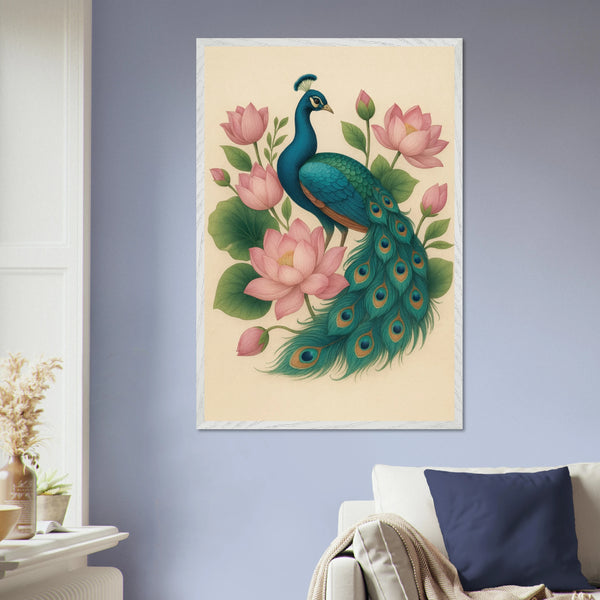 Peacock & Lotus Harmony – Wooden Framed Wall Art Gift - - Wooden Framed Posters