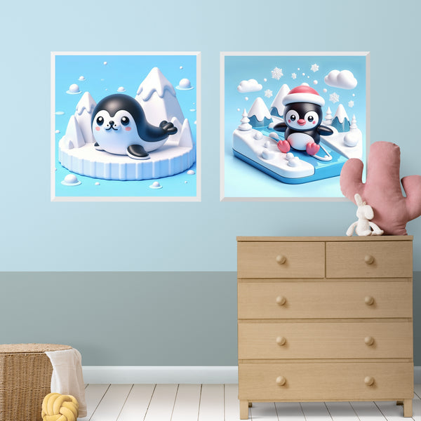 Snowy Seal & Penguin Fun - - Framed Posters