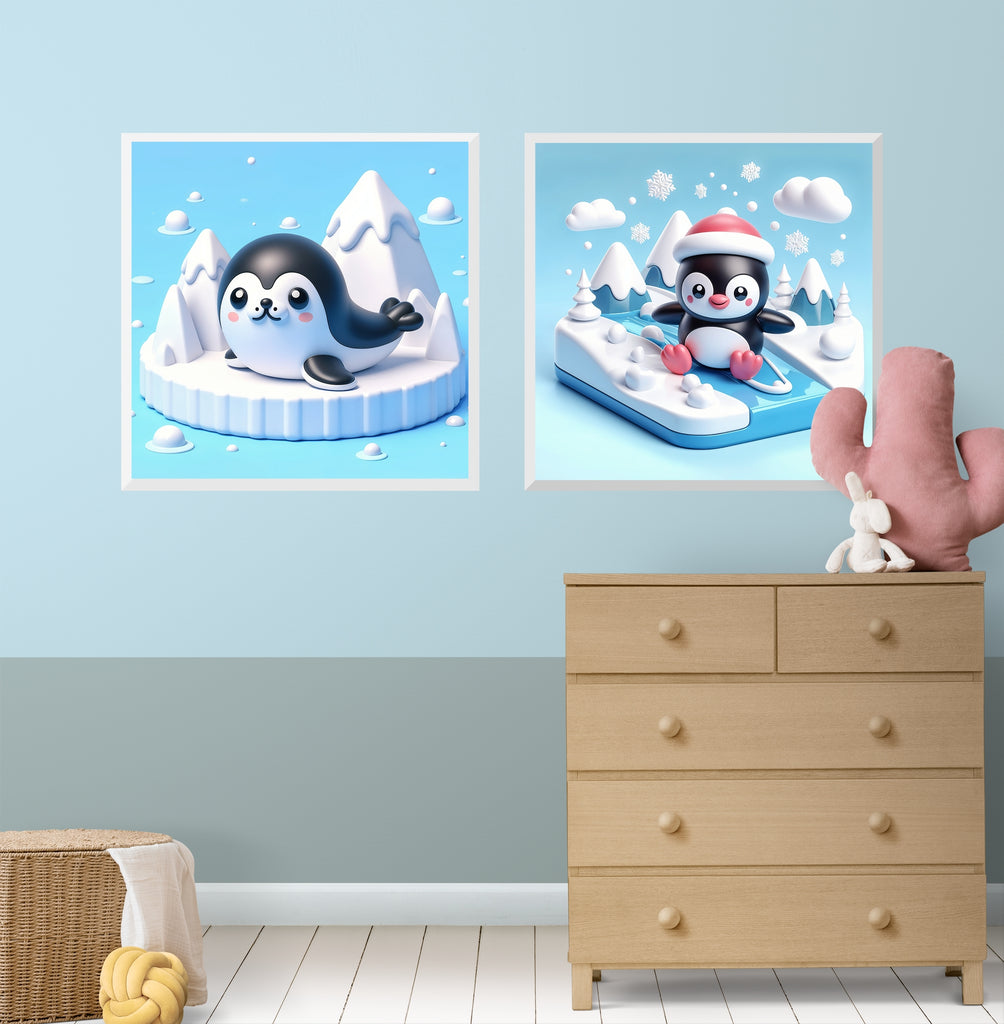 Snowy Seal & Penguin Fun - - Framed Posters