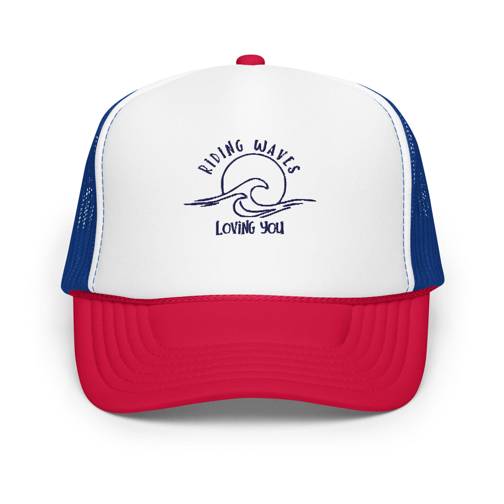 Ocean Embrace: Riding Waves & Loving You Trucker Hat - White Royal Red - Hats