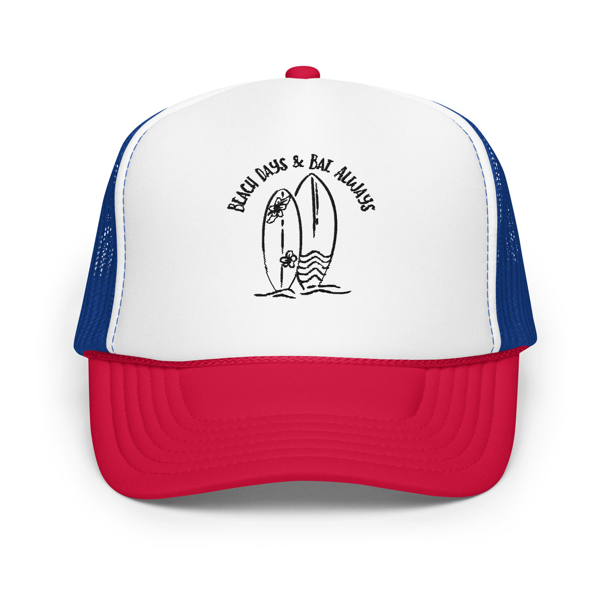 Surf's Companion - Dual Surfboard Foam Trucker Hat - White Royal Red - Hats