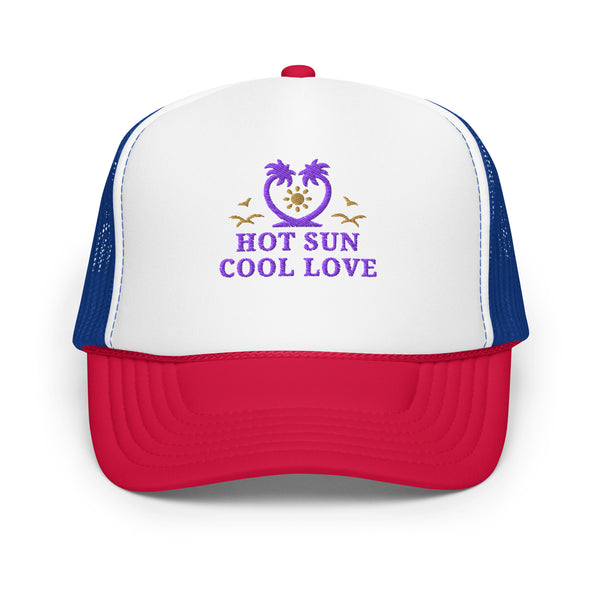 Hot Sun, Cool Love - Tropical Love Foam Trucker Hat - White Royal Red - Hats