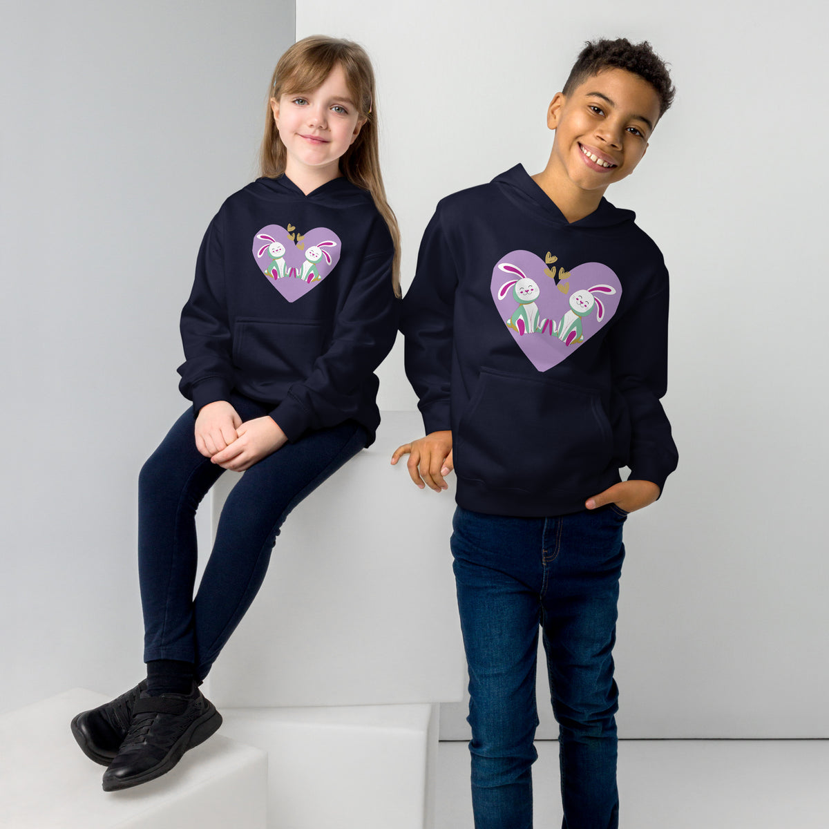 Bunny Love Eco Hoodie - Heartfelt Happiness - Navy Blazer - Kid's Hoodie