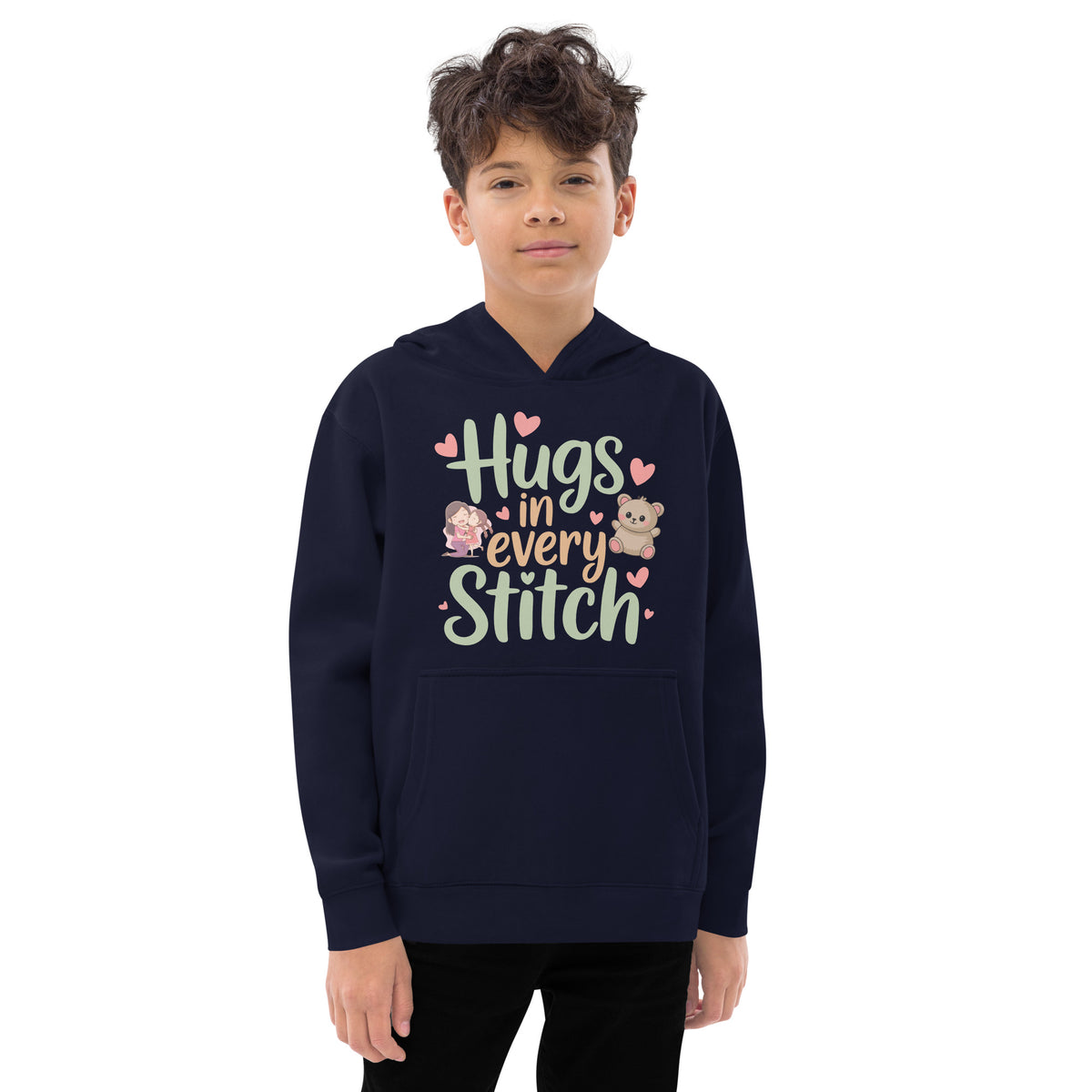 Hugs in Every Stitch - Heartwarming Kids Fleece Hoodie - Navy Blazer - Hoodies