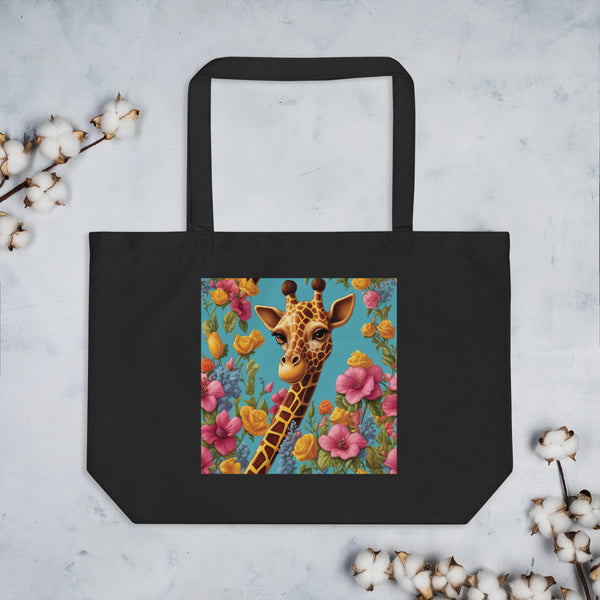 Whimsical Giraffe - Floral Fantasy - Black - Tote Bags