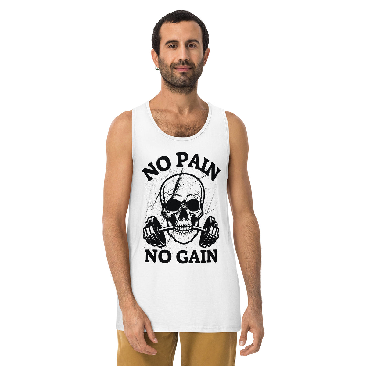 Embrace the Grind – No Pain No Gain Skull Tank - White - Tank Tops