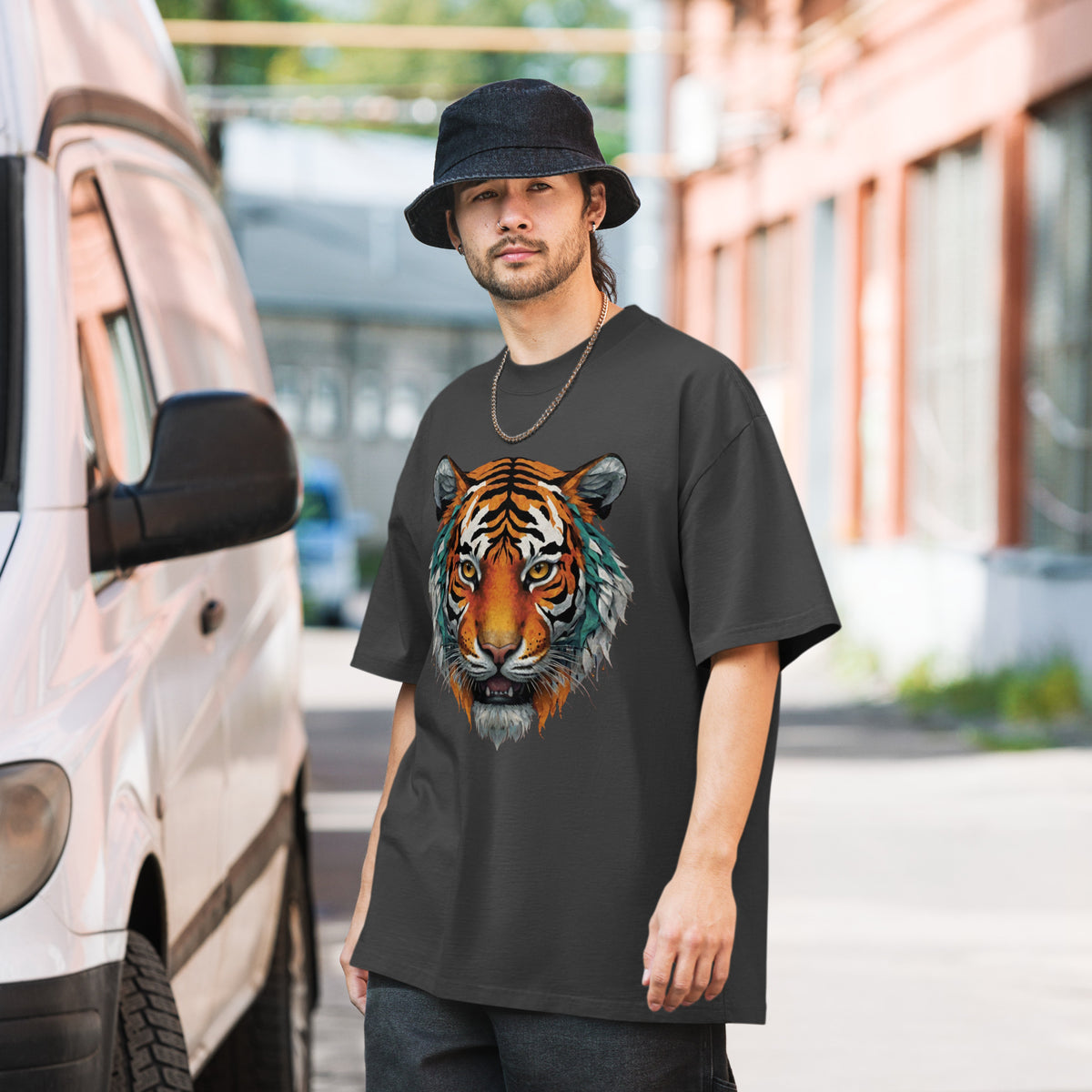 Powerful Presence - Vibrant Tiger Oversized Tee - Faded Black - T-shirts