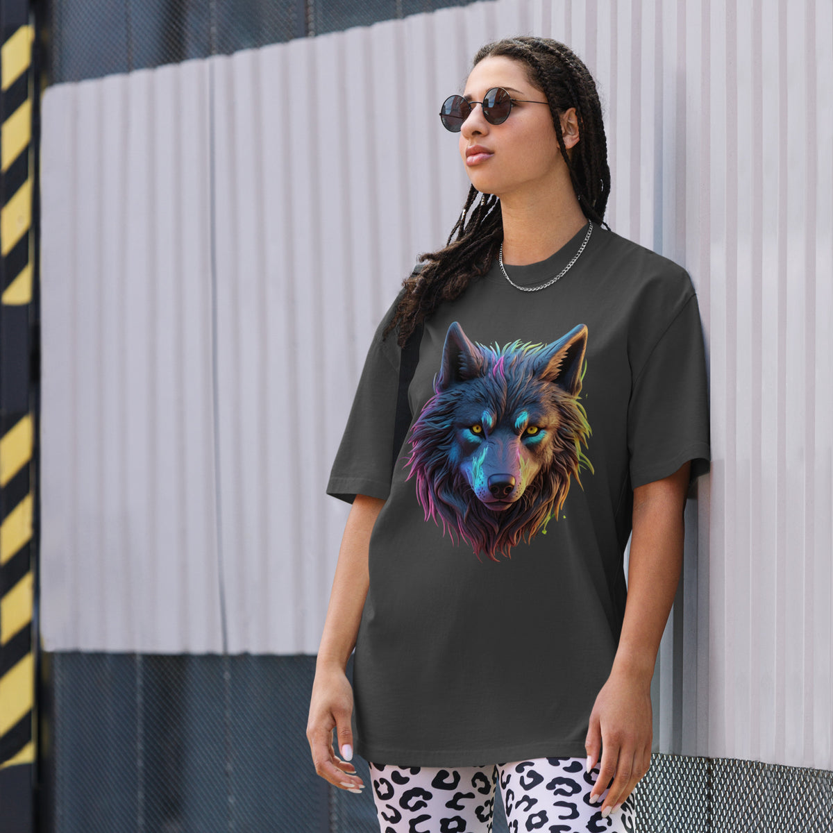 Neon Majesty - Captivating Wolf Design Tee - Faded Black - T-shirts