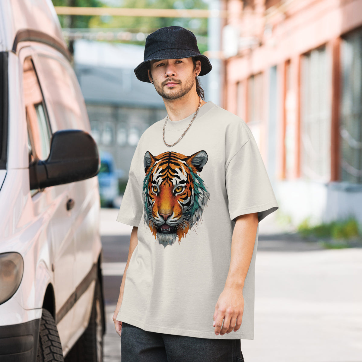 Powerful Presence - Vibrant Tiger Oversized Tee - Faded Bone - T-shirts