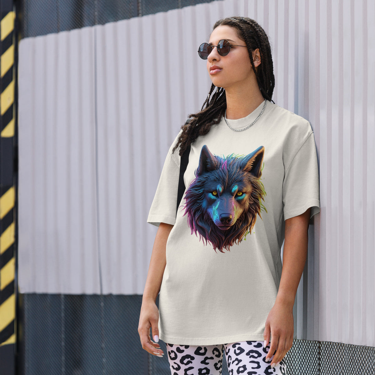 Neon Majesty - Captivating Wolf Design Tee - Faded Bone - T-shirts