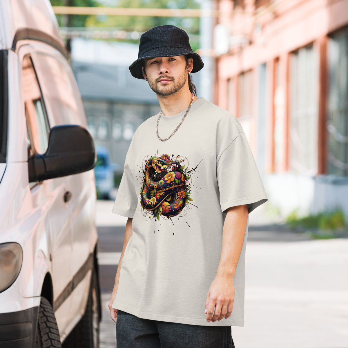 Snake in Bloom - Artistic Nature Tee - Faded Bone - T-shirts