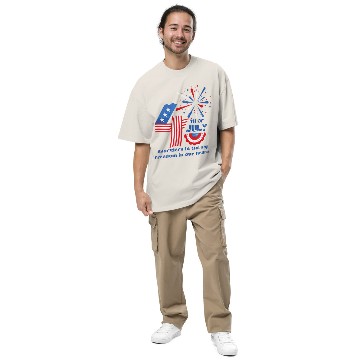 Fireworks & Pride – Patriotic Shirt for Him - Faded Bone - T-Shirt