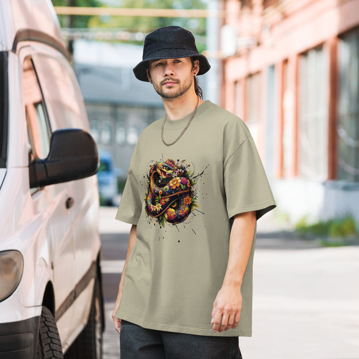 Snake in Bloom - Artistic Nature Tee - Faded Eucalyptus - T-shirts