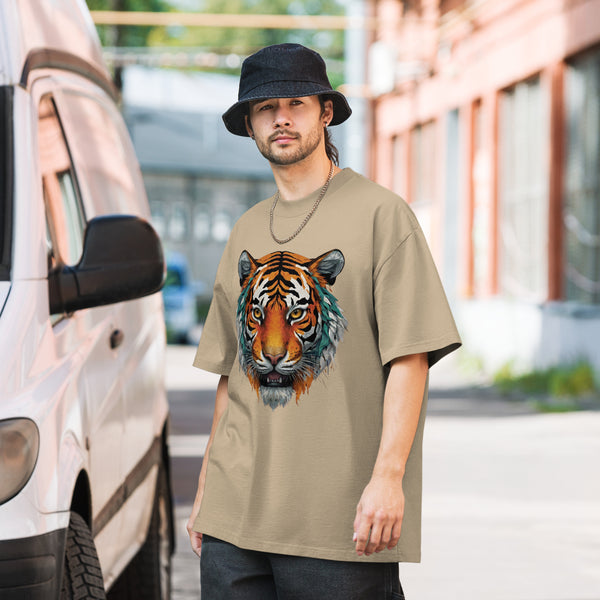 Powerful Presence - Vibrant Tiger Oversized Tee - Faded Khaki - T-shirts