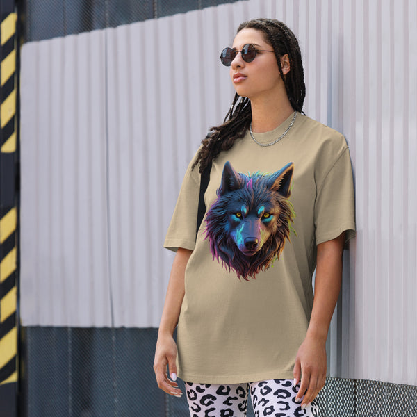 Neon Majesty - Captivating Wolf Design Tee - Faded Khaki - T-shirts