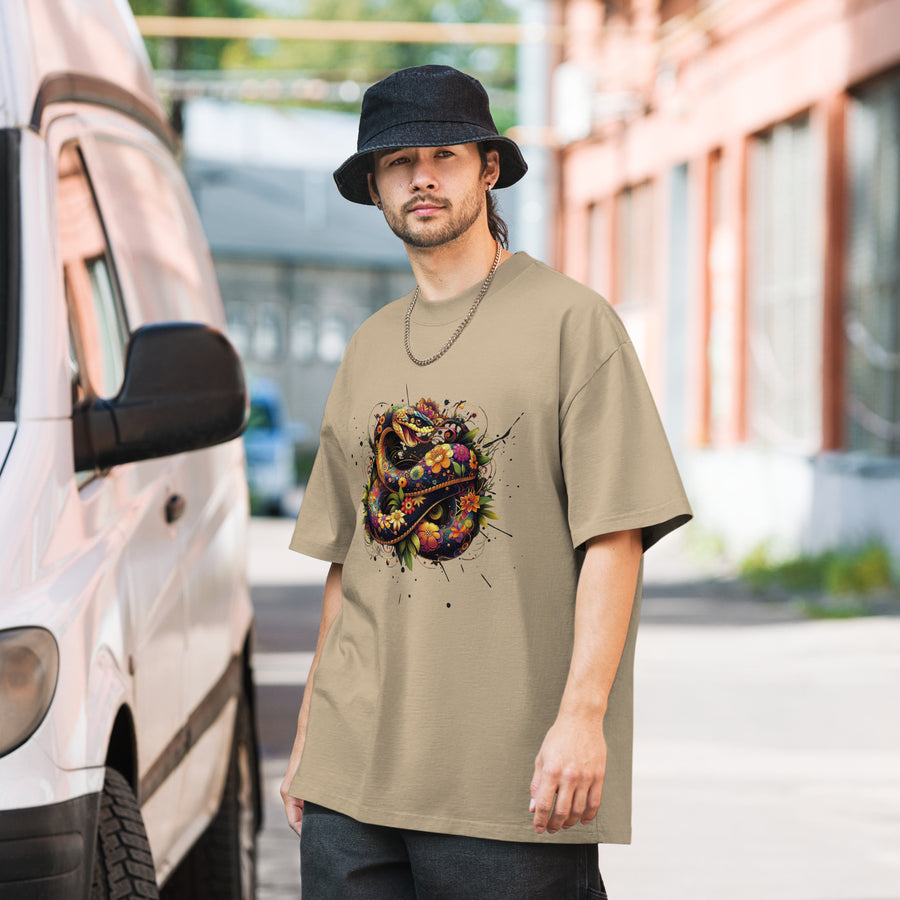 Snake in Bloom - Artistic Nature Oversized Faded T-shirt - Faded Khaki - T-shirts