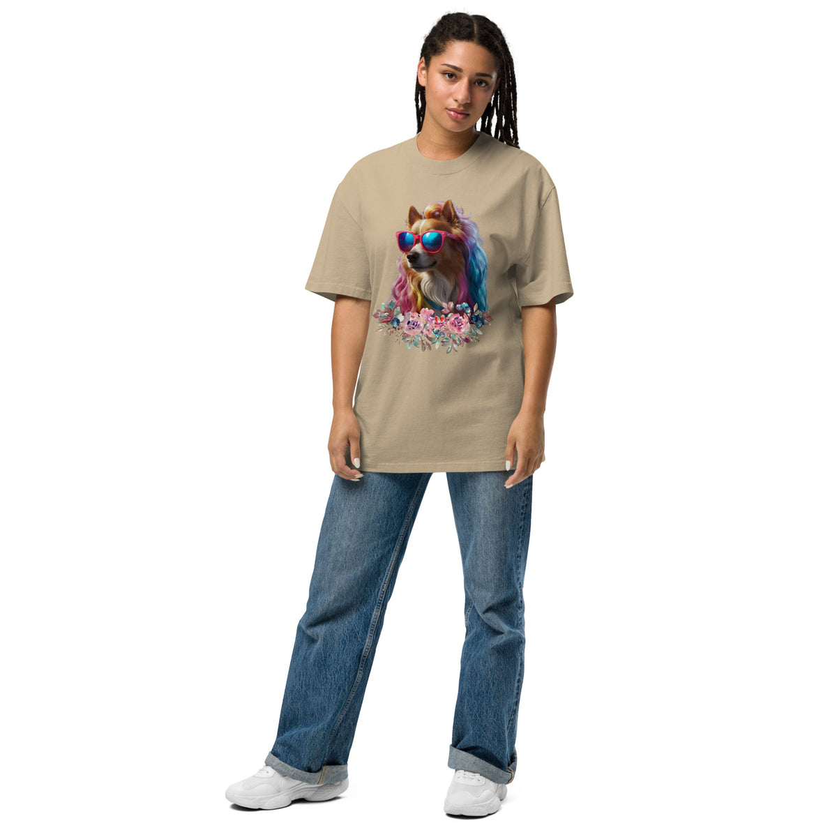 Chic Pup in Bloom - Vibrant Floral T-Shirt - Faded Khaki - T-shirts