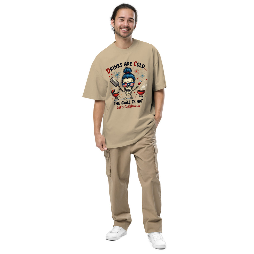 Drinks Cold, Grill Hot - Independence Day Vibes - Faded Khaki - T-Shirt