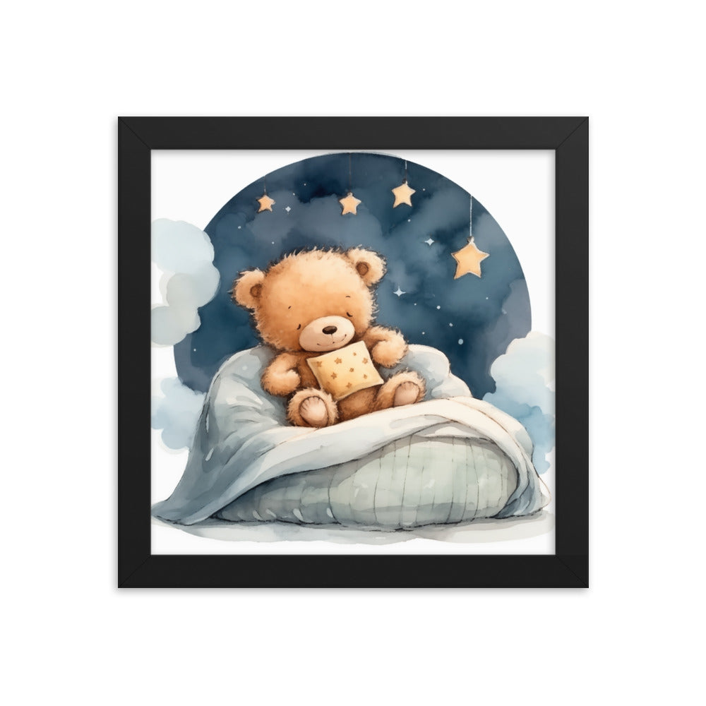 Bedtime Bliss - Adorable Teddy Bear Poster - Black 10″×10″ - Wooden Framed Posters