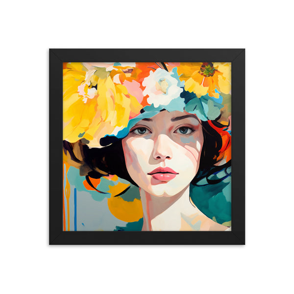 Radiant Beauty - Floral Adorned Woman Wall Decor - Black 10″×10″ - Framed Posters