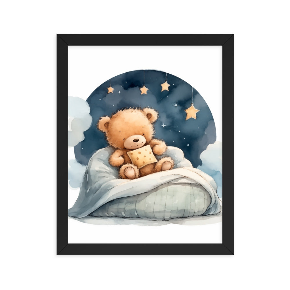 Bedtime Bliss - Adorable Teddy Bear Poster - Black 11″×14″ - Wooden Framed Posters