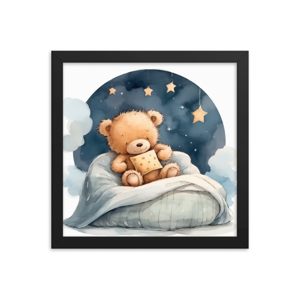 Bedtime Bliss - Adorable Teddy Bear Poster - Black 12″×12″ - Wooden Framed Posters