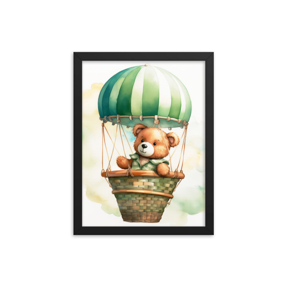 Floating Dreams - Teddy Bear in the Sky - Black 12″×16″ - Framed Posters