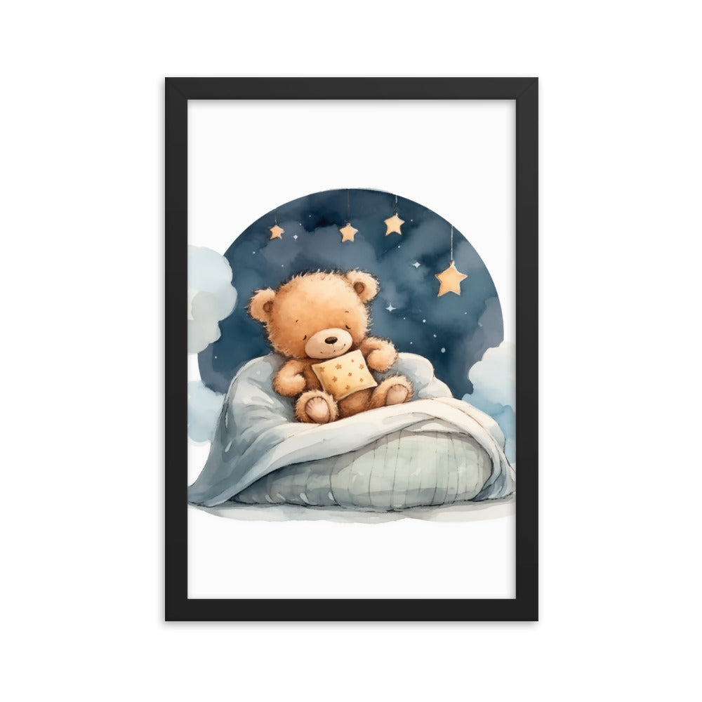 Bedtime Bliss - Adorable Teddy Bear Poster - Black 12″×18″ - Wooden Framed Posters