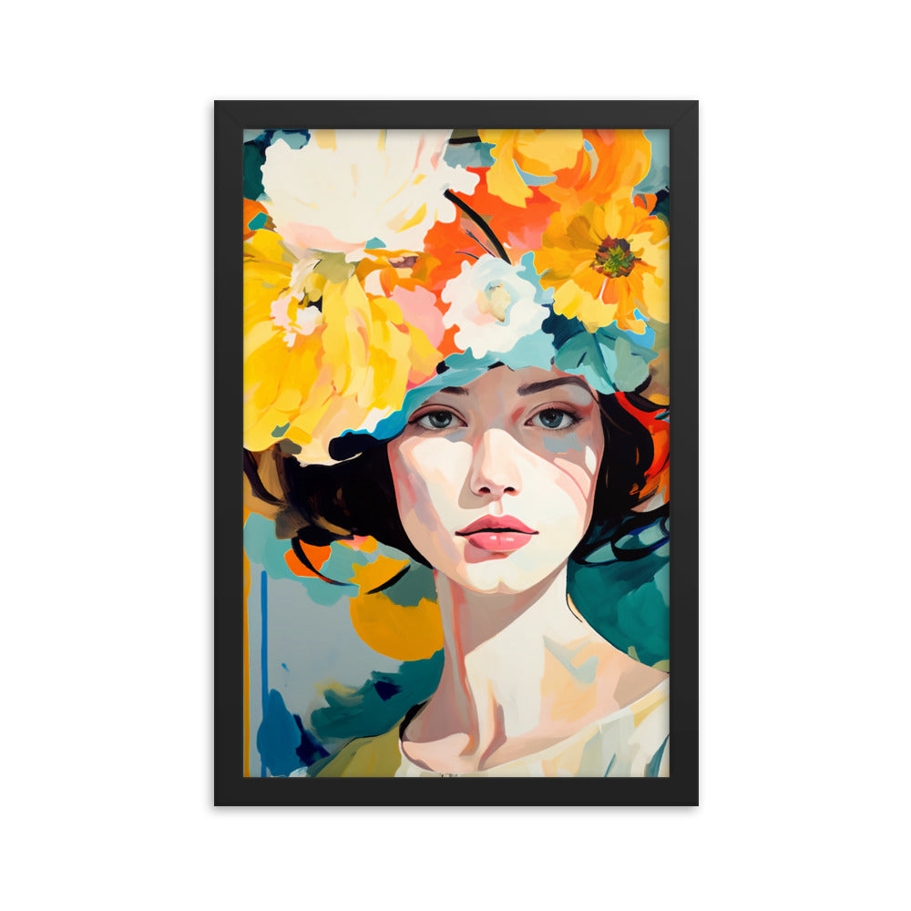 Radiant Beauty - Floral Adorned Woman Wall Decor - Black 12″×18″ - Framed Posters