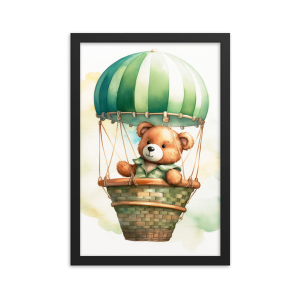 Floating Dreams - Teddy Bear in the Sky - Black 12″×18″ - Framed Posters