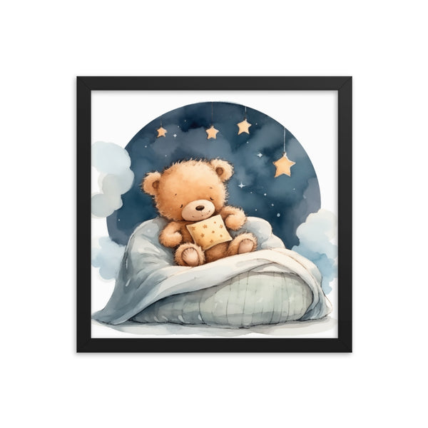 Bedtime Bliss - Adorable Teddy Bear Poster - Black 14″×14″ - Wooden Framed Posters