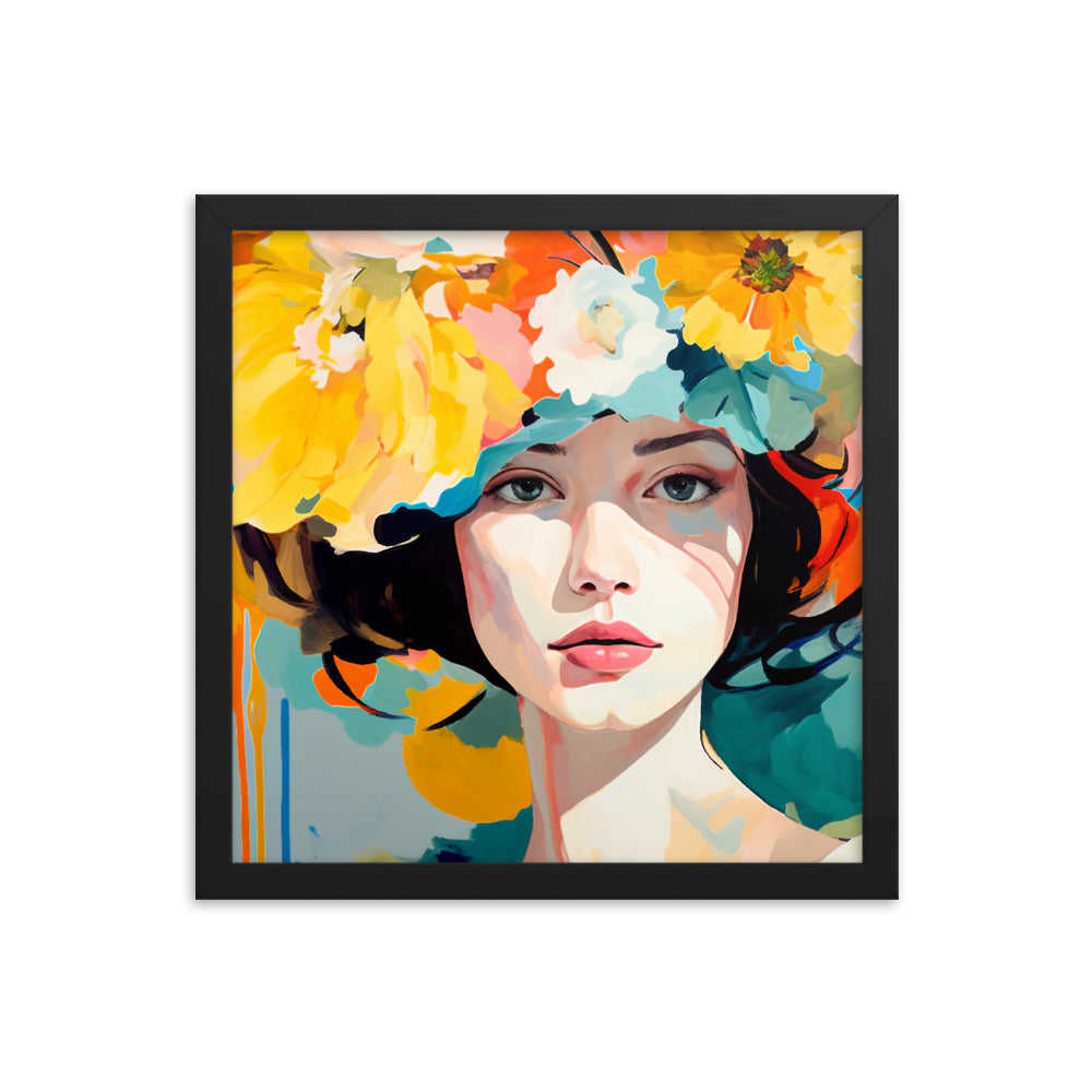 Radiant Beauty - Floral Adorned Woman Wall Decor - Black 14″×14″ - Framed Posters