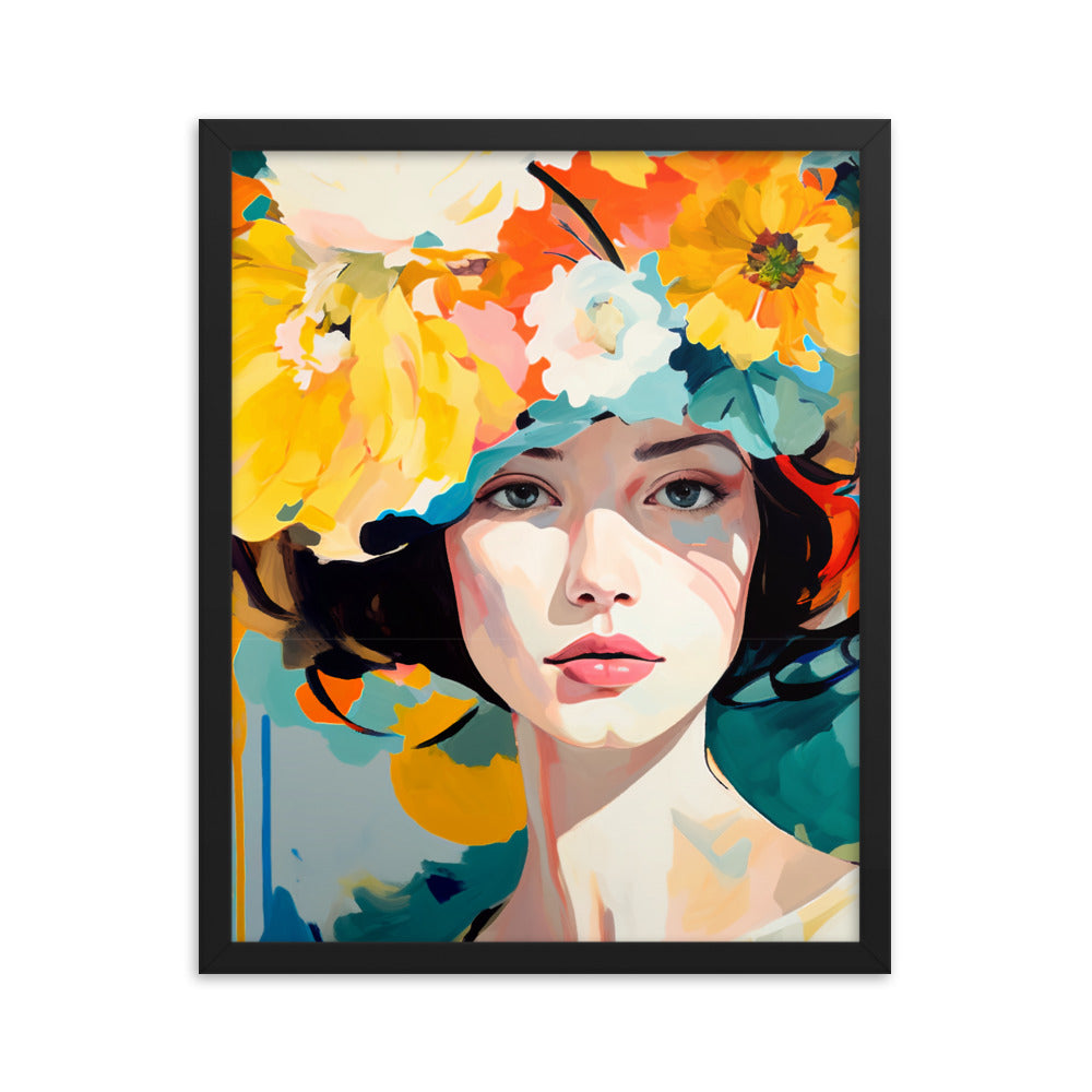 Radiant Beauty - Floral Adorned Woman Wall Decor - Black 16″×20″ - Framed Posters