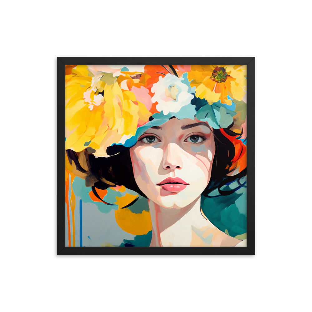 Radiant Beauty - Floral Adorned Woman Wall Decor - Black 18″×18″ - Framed Posters