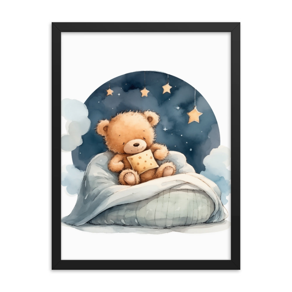 Bedtime Bliss - Adorable Teddy Bear Poster - Black 18″×24″ - Wooden Framed Posters