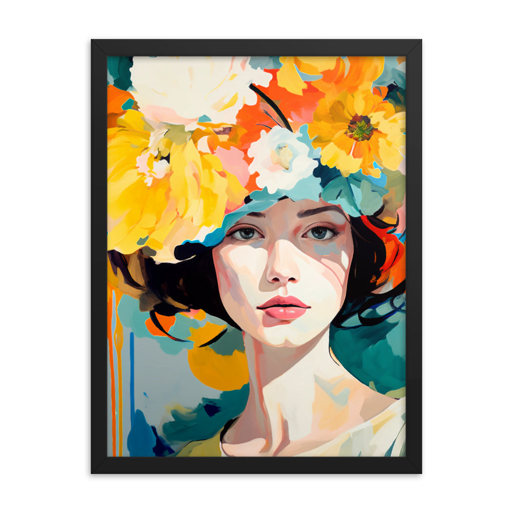 Radiant Beauty - Floral Adorned Woman Wall Decor - Black 18″×24″ - Framed Posters