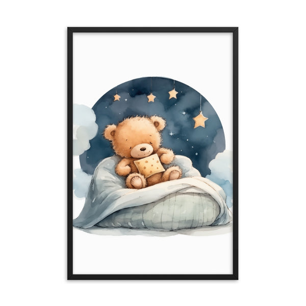 Bedtime Bliss - Adorable Teddy Bear Poster - Black 24″×36″ - Wooden Framed Posters