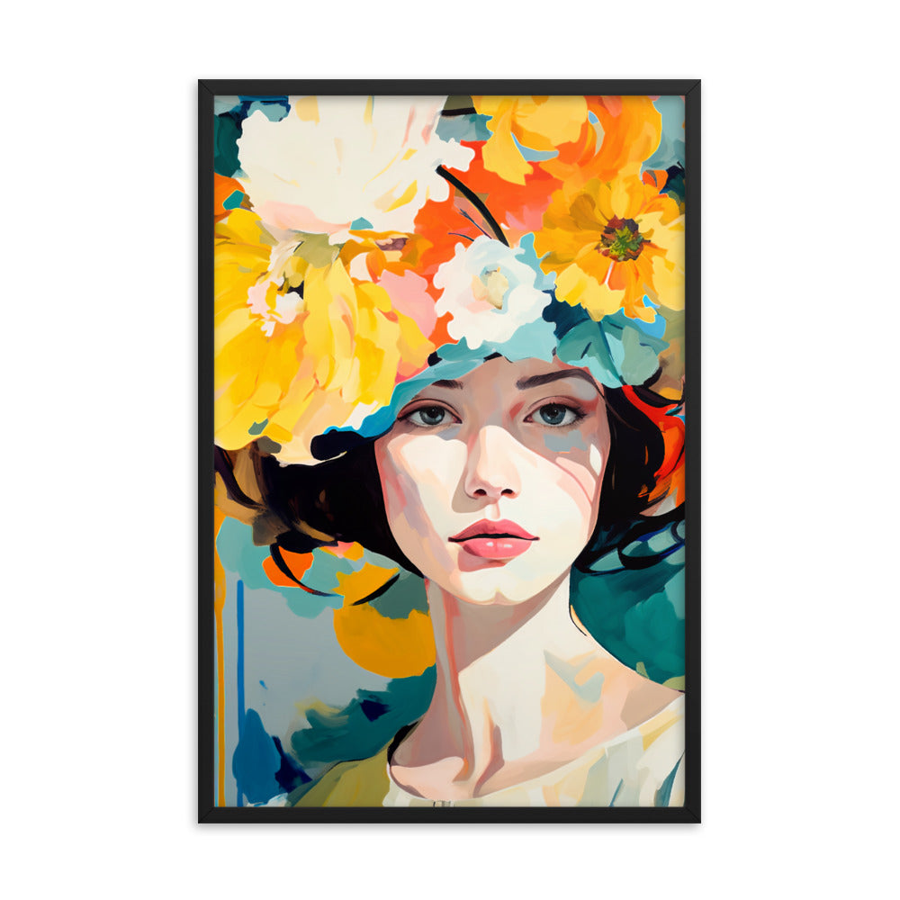 Radiant Beauty - Floral Adorned Woman Wall Decor - Black 24″×36″ - Framed Posters