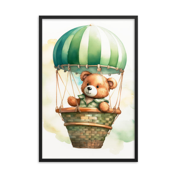 Floating Dreams - Teddy Bear in the Sky - Black 24″×36″ - Framed Posters